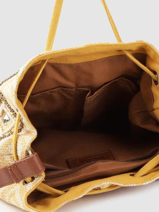 Women Yellow & Off-White Embellished Sling Bag-8
