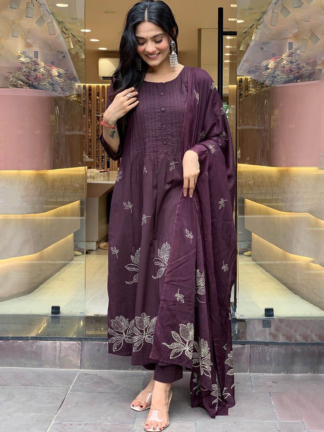 Floral Printed Pleated Round Neck Anarkali Kurta With Trousers & Dupatta-9
