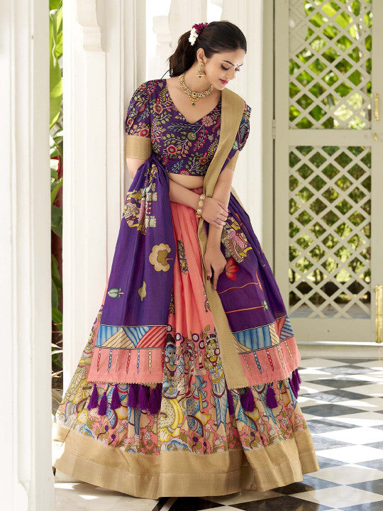 Kalamkari Printed Semi-Stitched Lehenga & Unstitched Blouse With Dupatta-3