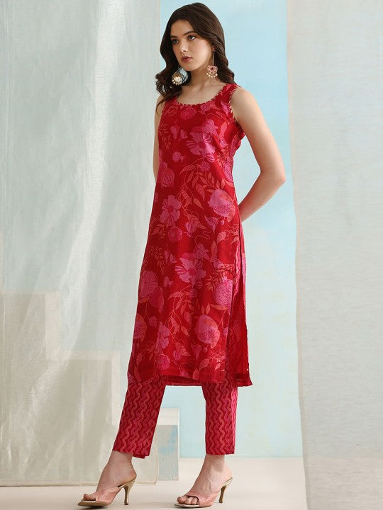 Floral Printed Straight Kurta with Trousers & Dupatta-2