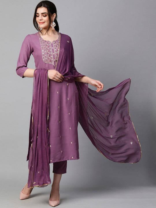 Women Ethnic Motifs Embroidered Regular Kurta With Trousers & Dupatta-9
