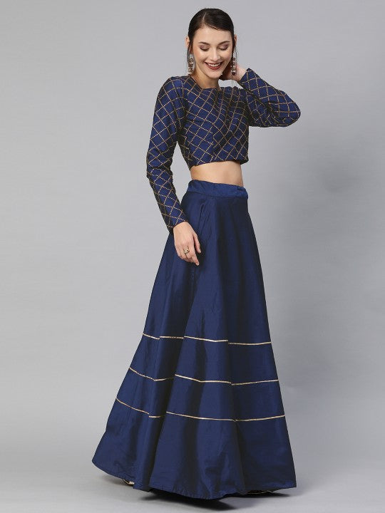 Navy Blue Embroidered Semi-Stitched Lehenga & Unstitched Blouse with Dupatta-5
