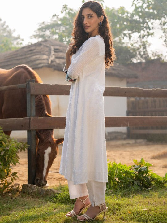 Floral Embroidered V-Neck A-Line Pure Cotton Kurta WIth Trousers