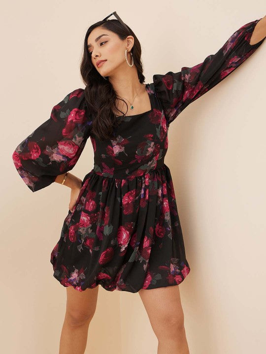 Black Floral Printed Fit & Flare Dress-5