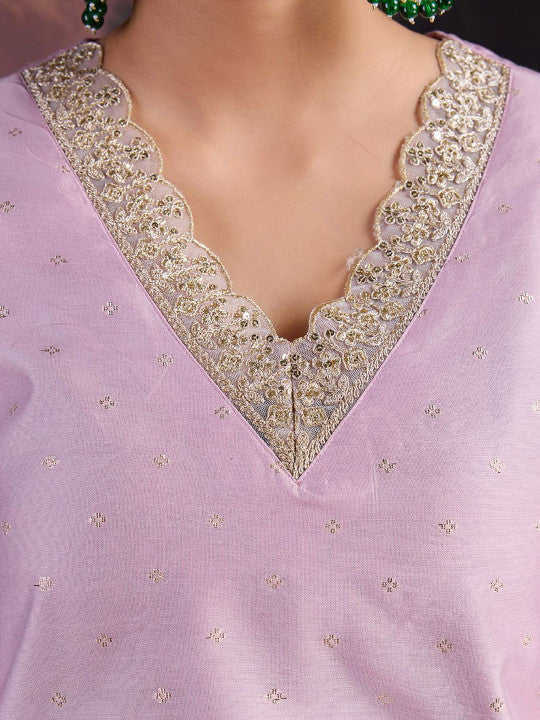 Floral Woven Design V-Neck Straight Kurta With Trouser & Dupatta-9