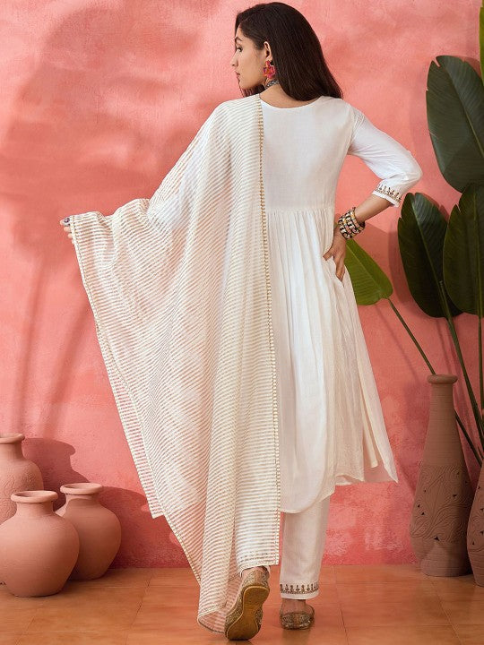 White Floral Embroidered Silk Blend A-Line Kurta With Trousers And Dupatta-3