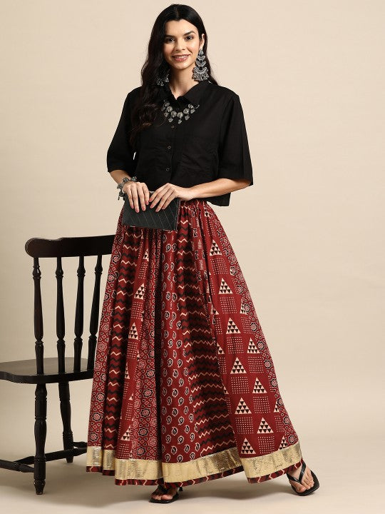 Anayna Women Printed A-Line Flared Cotton Maxi Skirt-2