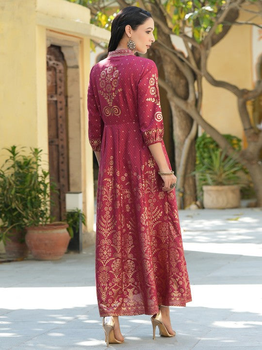 Women Red & Golden Ethnic Motifs Print Liva Maxi Dress-3