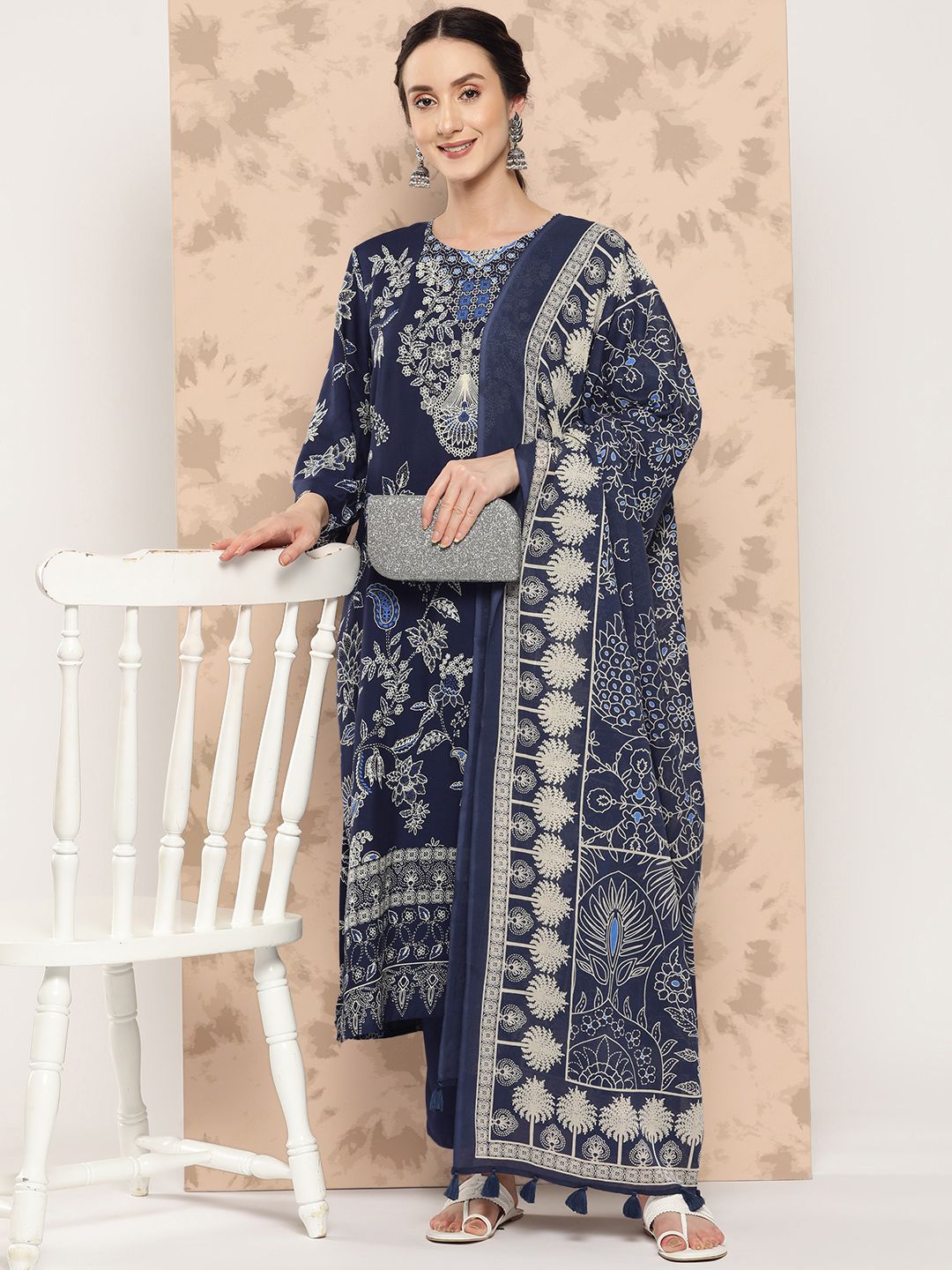 Printed Round Neck Three-Quarter Sleeves Cotton Kurta Set-8