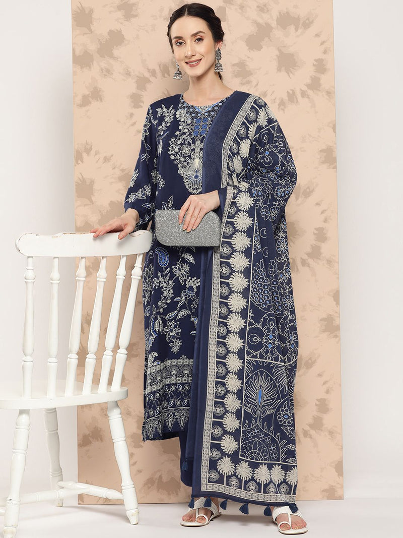 Printed Round Neck Three-Quarter Sleeves Cotton Kurta Set-8