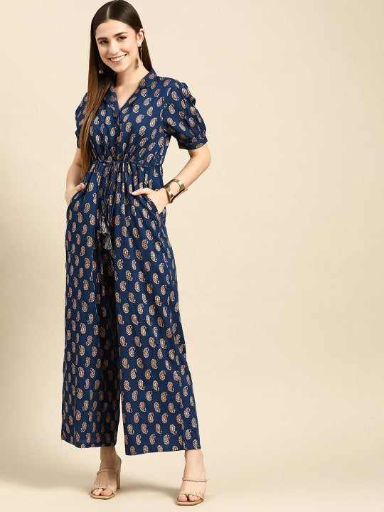 Women Pink & Golden Ethnic Motifs Printed Basic Jumpsuit-5