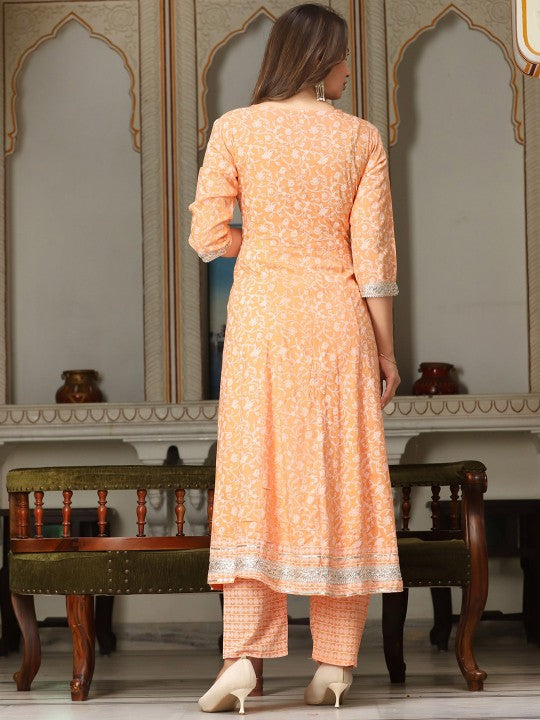 Floral Printed Mirror Work Anarkali Kurta & Trousers With Dupatta-2