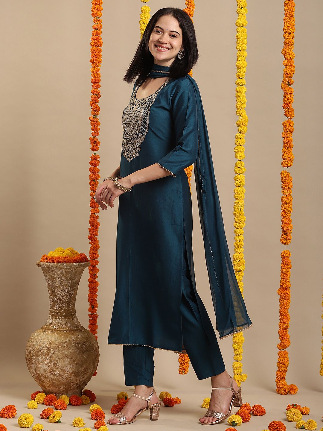 Ethnic Motifs Embroidered Round Neck Straight Kurta With Trouser And Dupatta