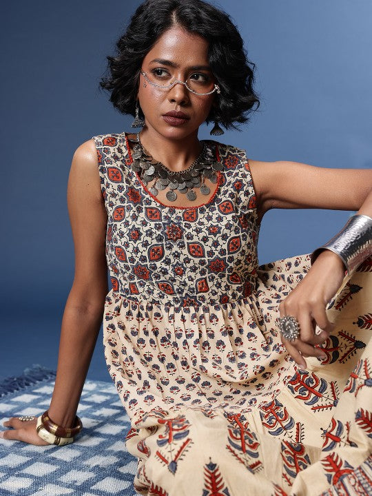 Floral Printed Gathered or Pleated Bagru A-Line Ethnic Dresses-2