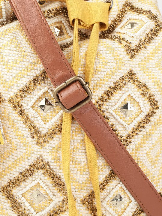 Women Yellow & Off-White Embellished Sling Bag-3