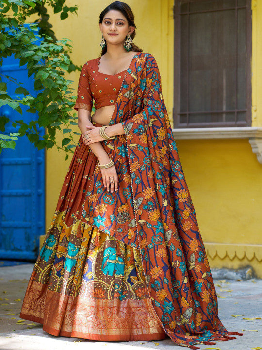 Printed Kalamkari Ready to Wear Lehenga & Unstitched Blouse With Dupatta-15