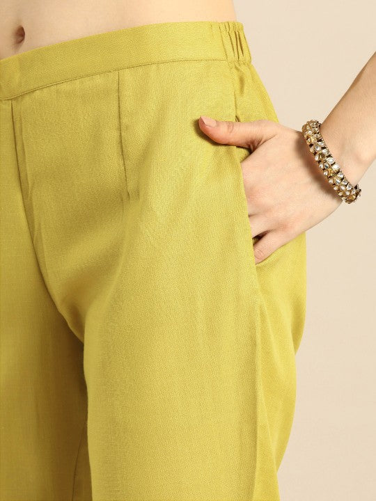 Women Mustard Yellow Yoke Design Foil Printed Kurta with Trousers & Dupatta-5
