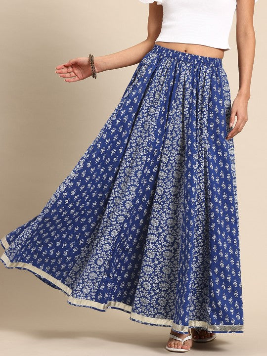 Floral Printed Pure Cotton Flared Maxi Skirt-1