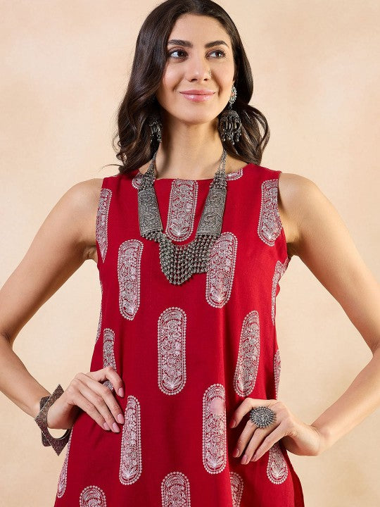 Ethnic Motifs Printed Boat Neck Regular Pure Cotton Straight Kurta With Trousers-2