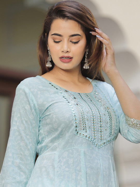 Floral Printed Mirror Work Anarkali Kurta & Trousers With Dupatta-7