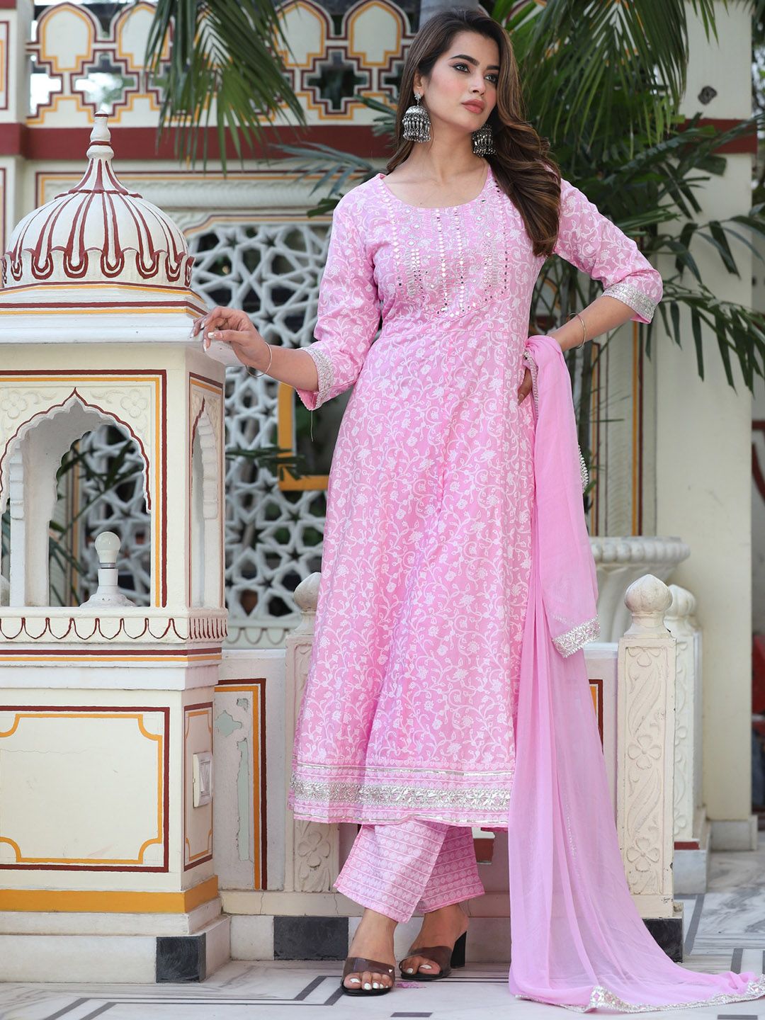 Floral Printed Mirror Work Anarkali Kurta & Trousers With Dupatta-11
