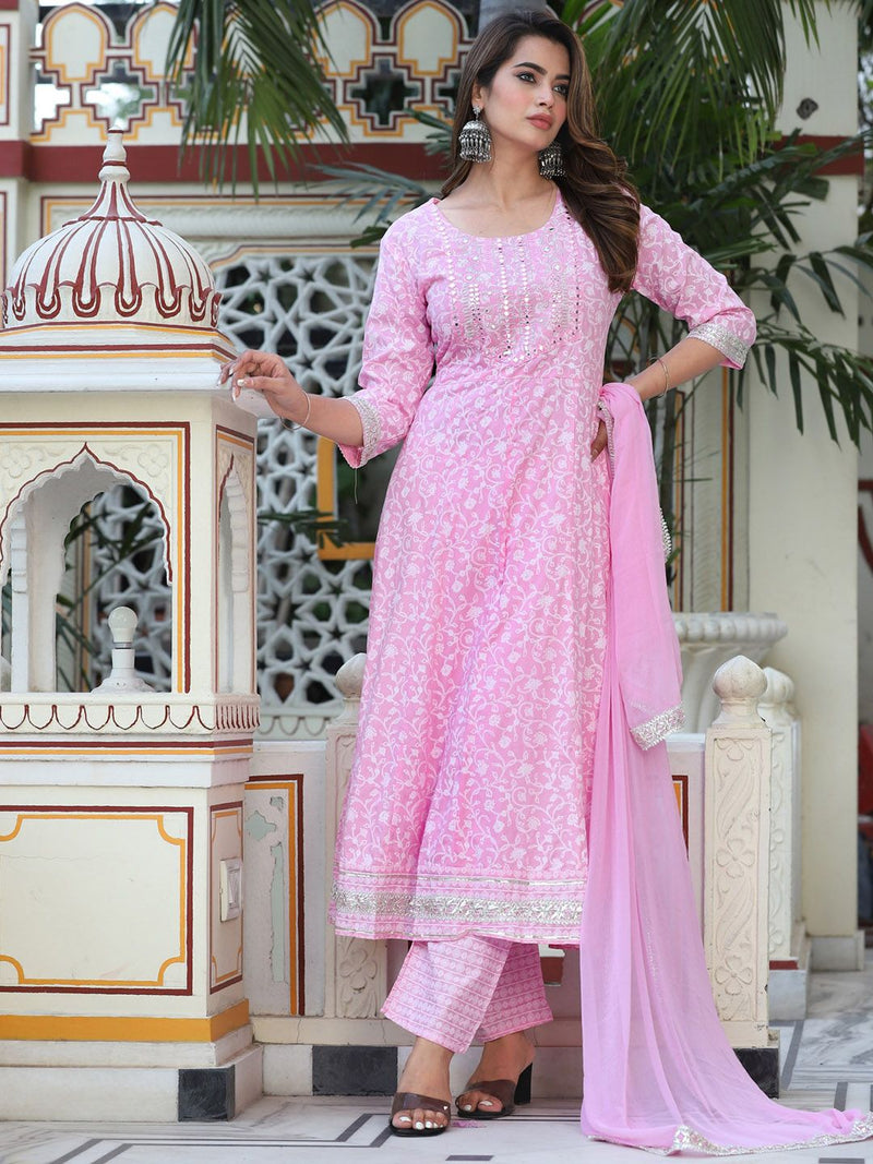 Floral Printed Mirror Work Anarkali Kurta & Trousers With Dupatta-11