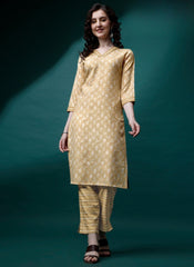 Beige V-Neck Floral Design Kurta Set