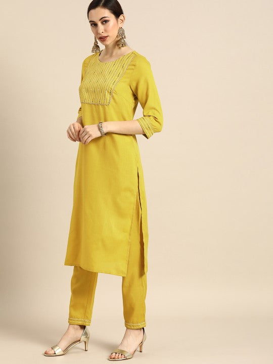 Women Mustard Yellow Yoke Design Foil Printed Kurta with Trousers & Dupatta