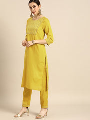 Women Mustard Yellow Yoke Design Foil Printed Kurta with Trousers & Dupatta