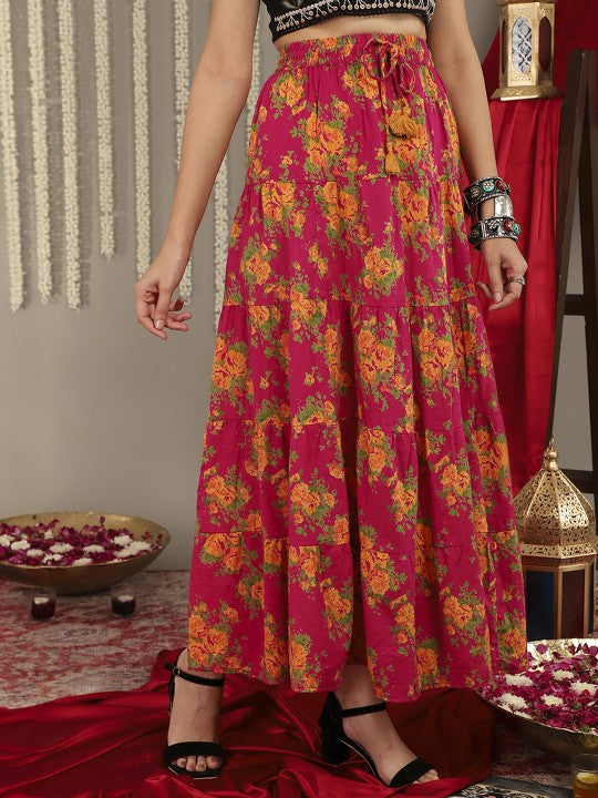 Women Pink & Mustard-Yellow Printed Tiered Skirt With Lace Detailing-2