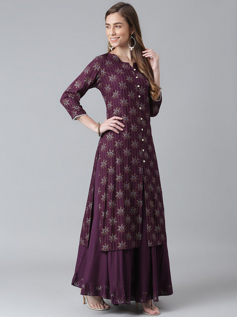 Women Purple Ethnic Motifs Printed Kurta with Skirt-2