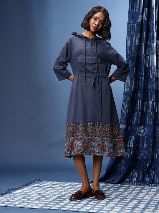 Printed Hooded Tie-Ups Ajrakh A-Line Dress-3