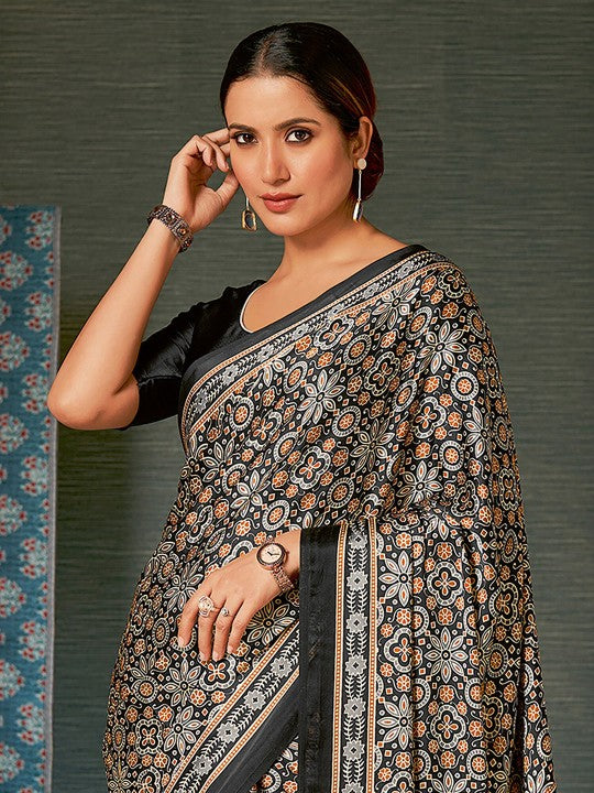 Black & Orange Ethnic Motifs Block Printed Sarees-3