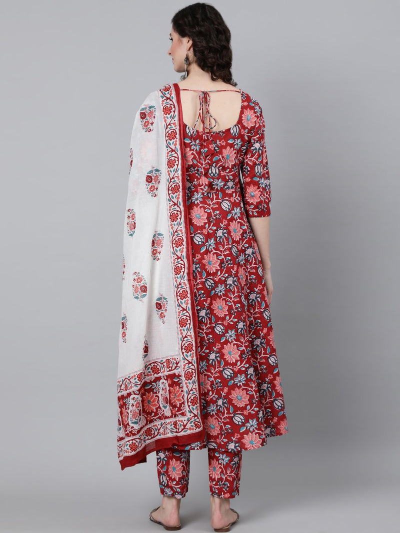 Women Red Floral Printed Kurta With Trouser & Dupatta-8