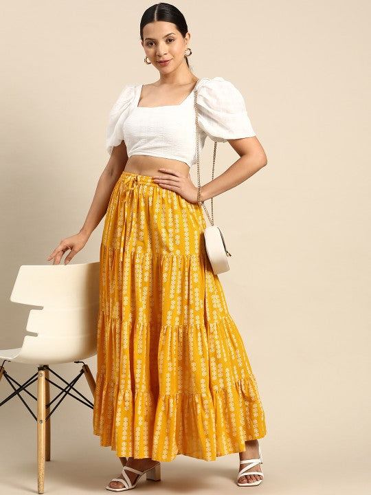 Floral Printed Tiered Flared Maxi Skirt-3