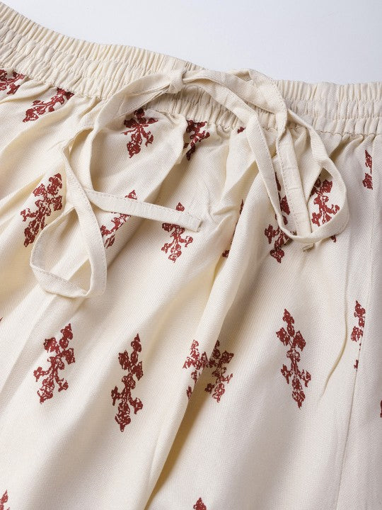 Cream-Coloured & Red Printed Flared Maxi Skirt