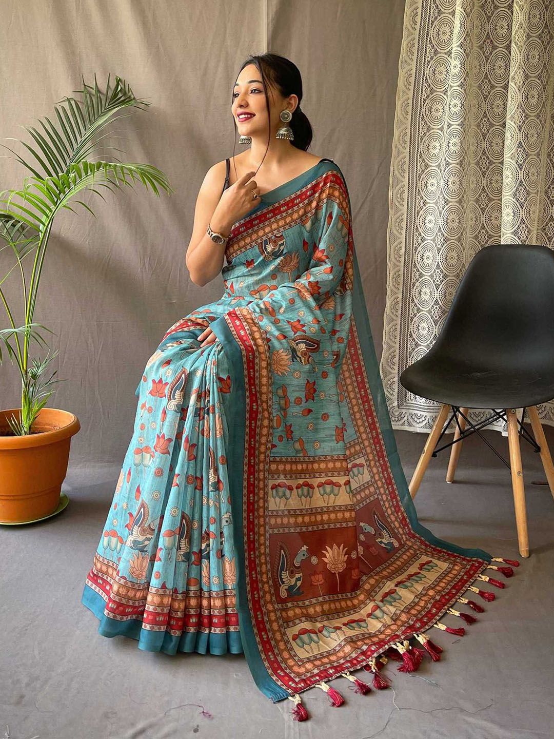 Cotton Bend Kalamkari Saree With Tassel-7