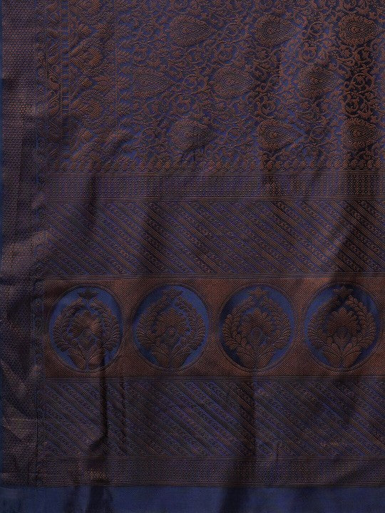 Navy Blue & Gold-Toned Woven Design Zari Silk Blend Banarasi Sarees-6