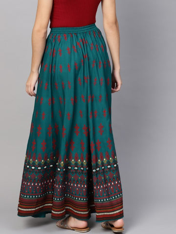 Teal Blue & Red Printed Flared Maxi Skirt