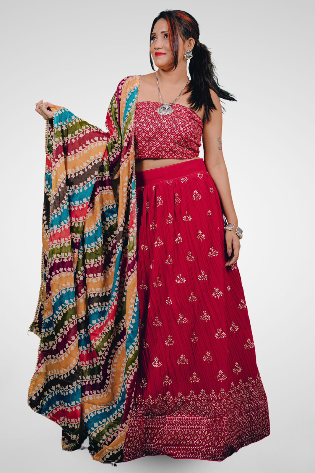 Multicolor Vibrant Floral Semi Stitched  Lehenga Cholis