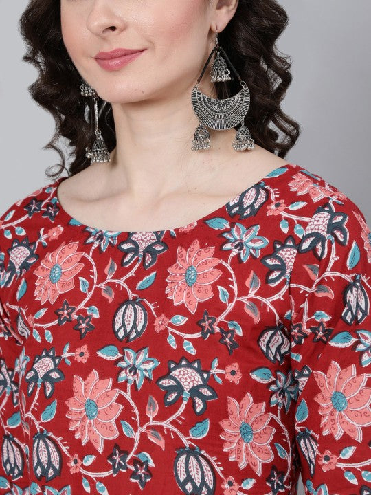 Women Red Floral Printed Kurta With Trouser & Dupatta-9