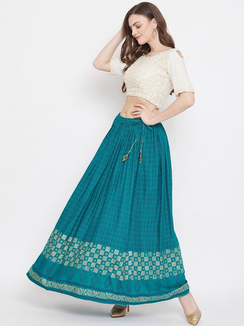 Women Teal Blue & Gold-Colored Geometric Printed Flared Maxi Skirt-1