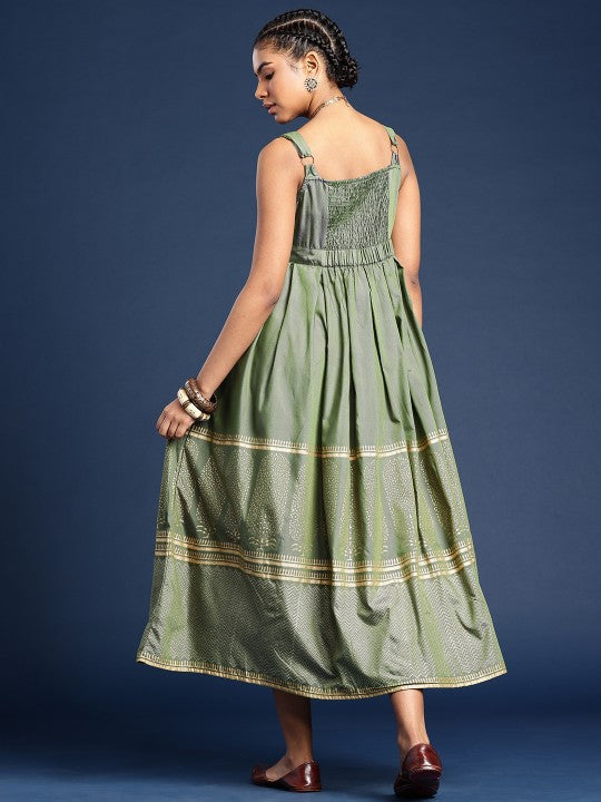 Smocked Printed Flared Midi Taavi Festive Ethnic Dresses-5