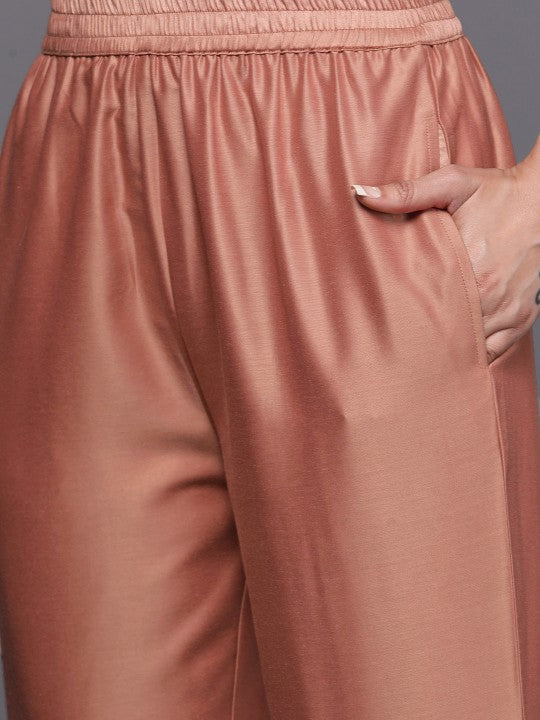 Women Peach-Coloured Floral Yoke Design Thread Work Kurta with Trousers & With Dupatta-4