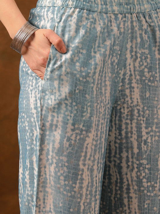 Blue Printed Top With Straight Fit Trousers-7