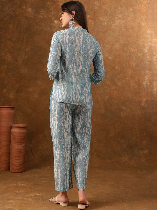 Blue Printed Top With Straight Fit Trousers-5