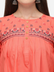 Women Peach-Colour Embroidered Straight Tunic