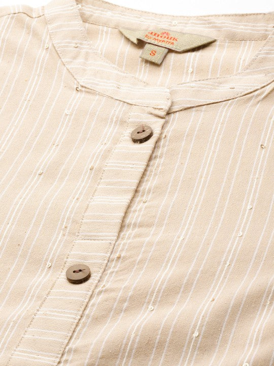 Women Beige Pure Cotton Striped Kurta with Palazzos-5