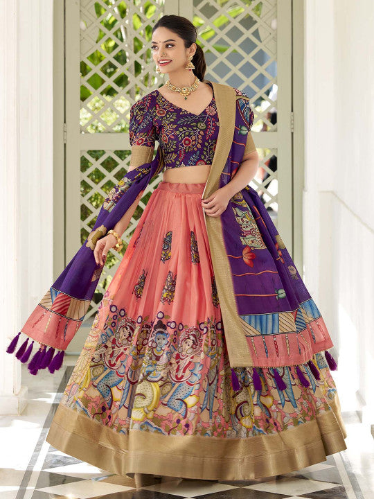 Kalamkari Printed Semi-Stitched Lehenga & Unstitched Blouse With Dupatta