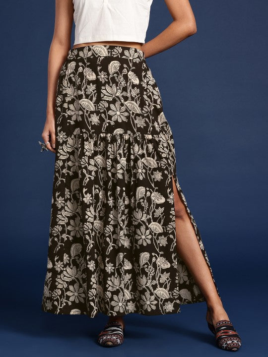Floral Printed Cotton Maxi Flared Skirt